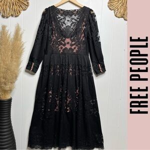 Free People Black and Pink Bishop Sleeve V-Neck Dress